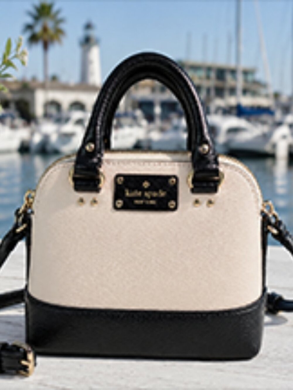 Kate Spade New York Mini Cedar Street Maise Crossbody Satchel Black Cream Leathe